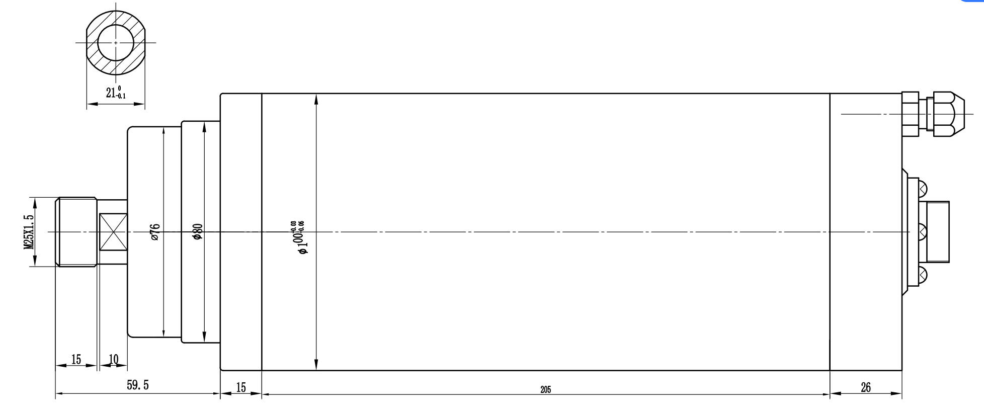 Dessin de broche refroidie par eau 3kw ER20 GDZ100-3B