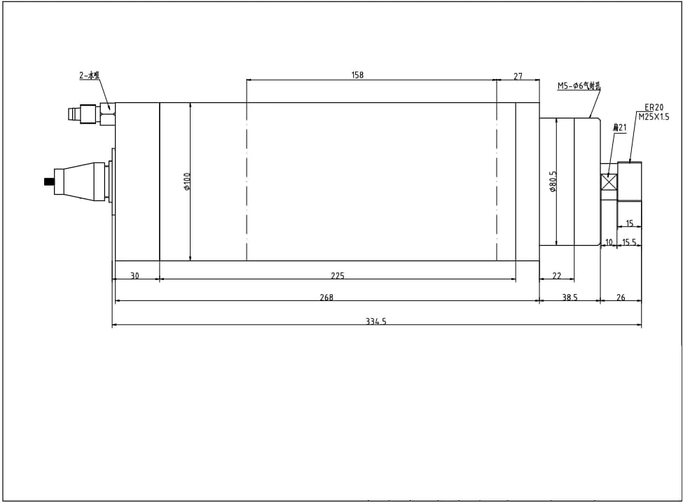 Disegno del mandrino raffreddato ad acqua ER20 GDZ-27 da 4,5 kW