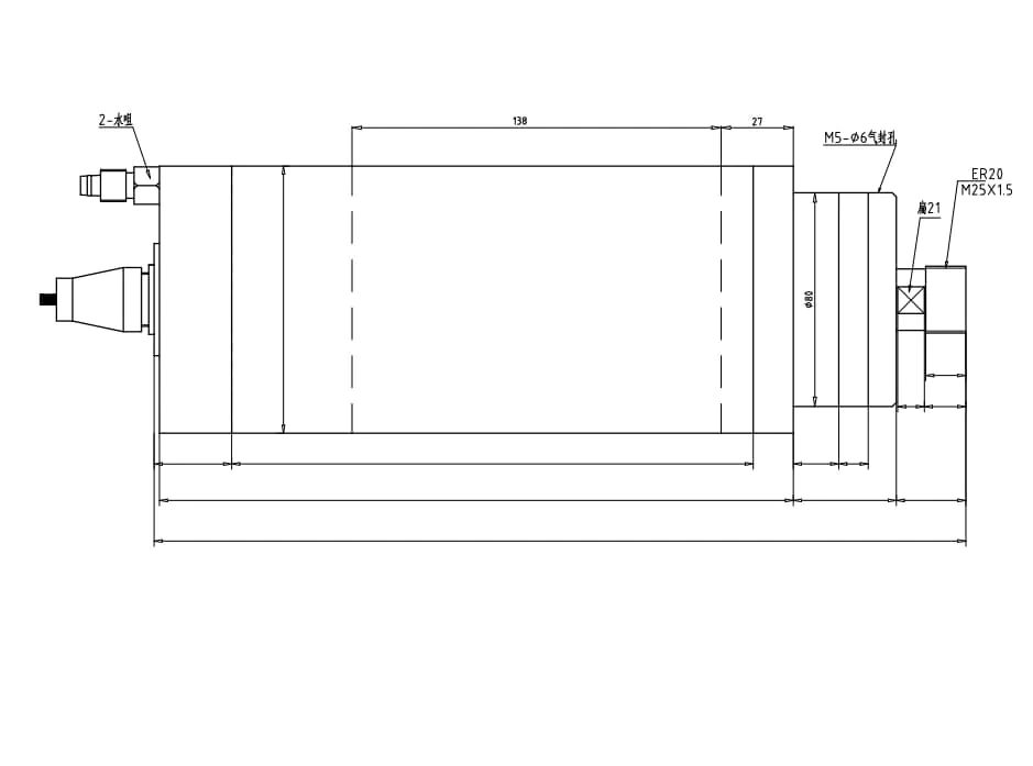 Tekening van de 3,7 kW ER20 GDZ-24-1C waterkoelspindel