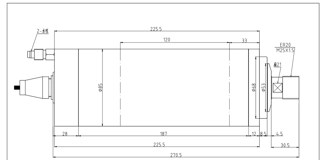 Dibujo de husillo refrigerado por agua ER20 GDZ-23-1 de 2,2 kW