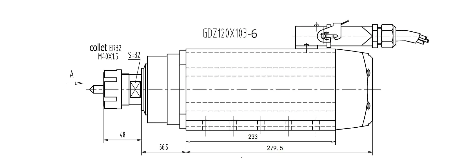 Dessin de broche refroidie par air 6kw ER32 GDZ120*103-6 (avec ailettes)