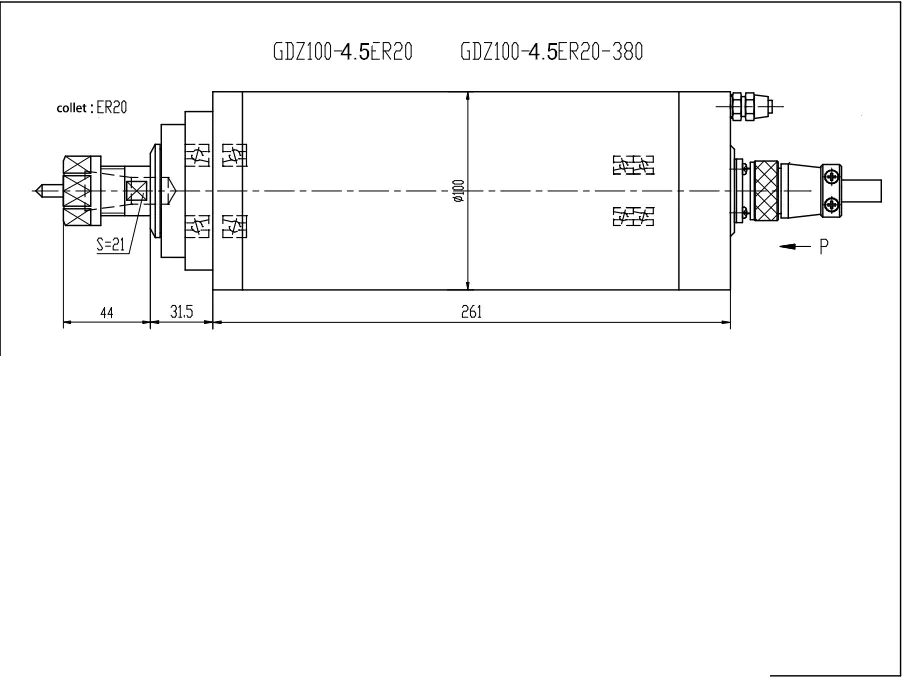 Dessin de broche refroidie par eau ER20 de 4,5 kW