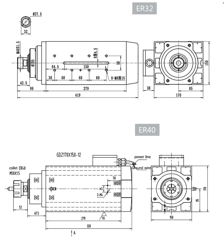 Disegno del mandrino raffreddato ad aria 12kw ER32/ER40 GDZ170*150-12