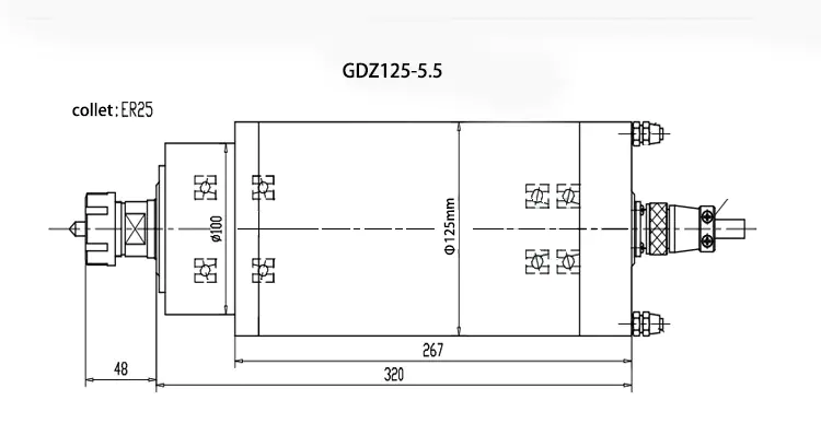 Dibujo de husillo refrigerado por agua para fresado de piedra ER25 GDZ125-5.5 de 5,5 kW