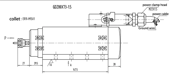 Disegno del mandrino di raffreddamento ad aria quadrato GDZ80x73-1.5KW