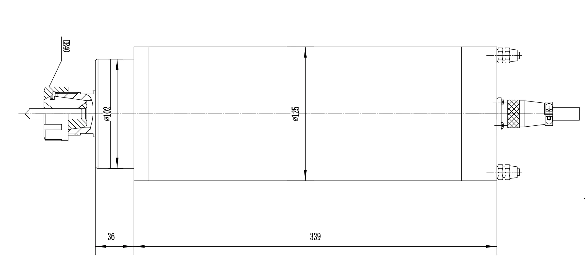 Disegno del mandrino raffreddato ad acqua ER32/ER40 125RD12Z7.5B da 7,5 kW