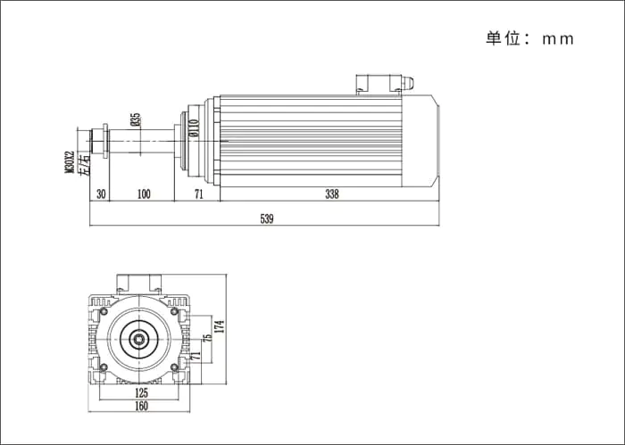 MJ70-7512FD 7,5 kW 12000 U/min Vorfrässpindelmotor für Kantenanleimmaschinenzeichnung