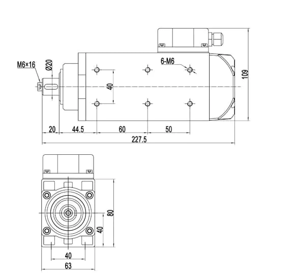 MF31B-550 0,55 kW 12000 tpm ruw-trimspindelmotor voor kantenlijmer-tekening