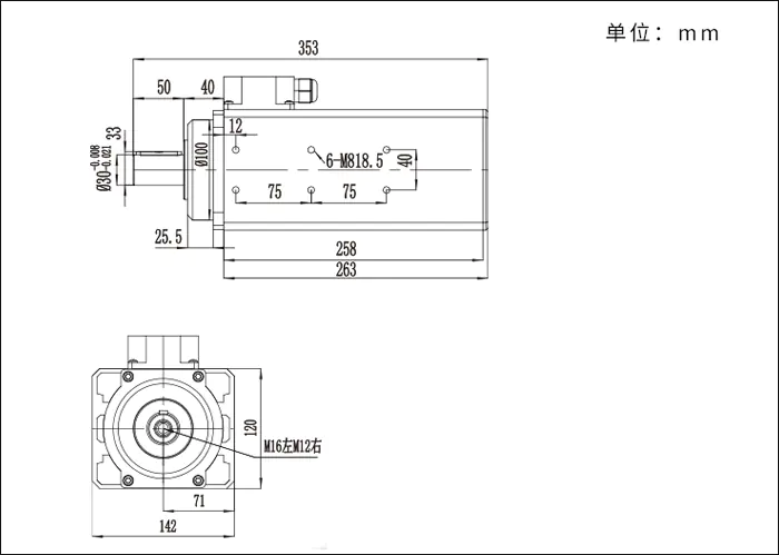 MF71-5612F 5.6kw 12000rpm Antaŭ-muelada Spindle Motoro Por Edge Bander desegnaĵo