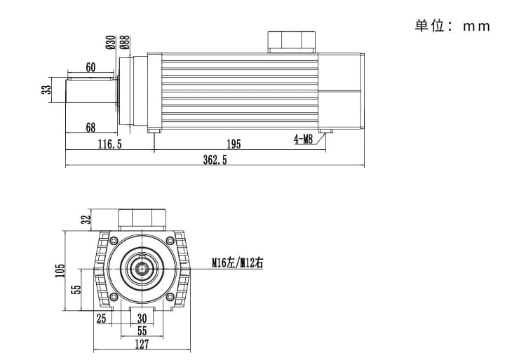 MJ55-2212F 2,2 kW 12000 tpm voorfreesspindelmotor voor kantenlijmertekening