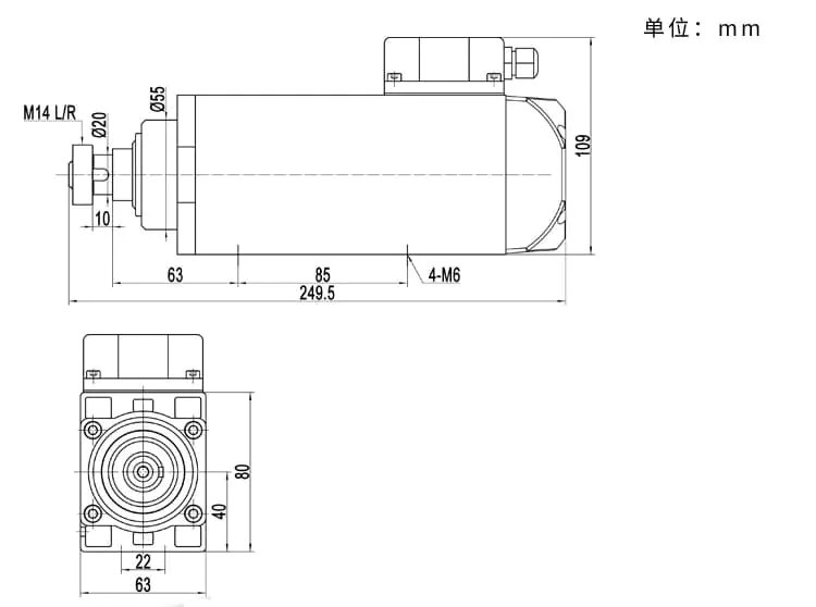 MJ35B-750H 0,75 kW 18000 tpm ruw-trimspindelmotor voor kantenlijmer-tekening